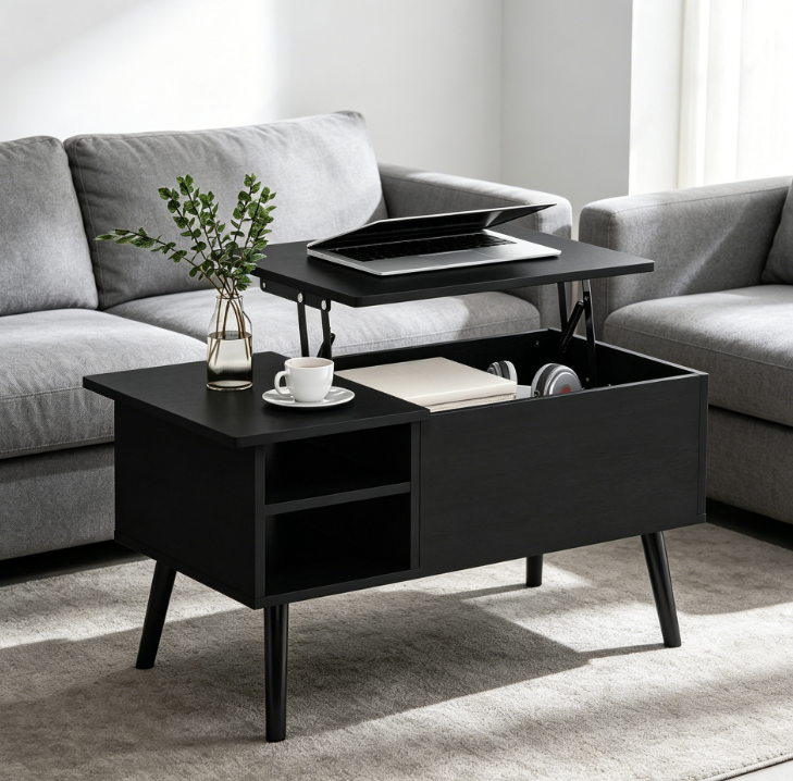 Lift Top Coffee Table with Hidden Compartment and Side Shelf, Wood Legs, Americano Finish