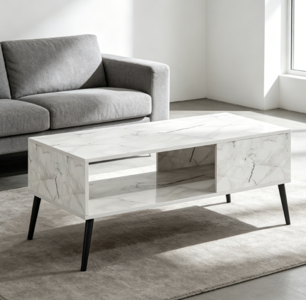 Mid-Century Coffee Table, Wood Legs with Marble White Top